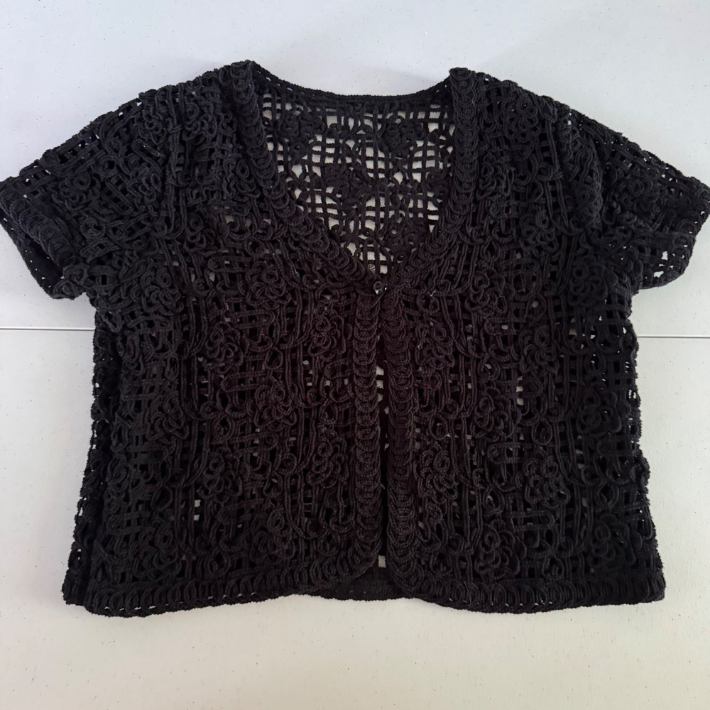 Boho Crochet Whimsigoth Women Size M Black Short Sleeve Open Knit Shrug Cardigan